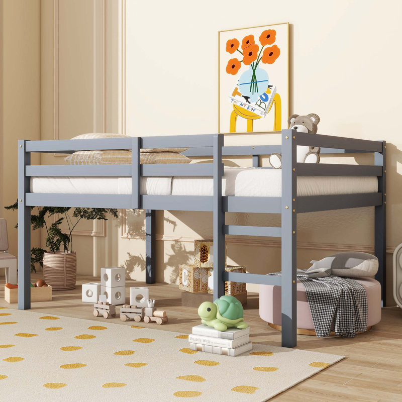 Lit mezzanine en bois d'hévéa avec échelle, Gris