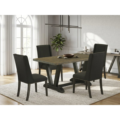 Ensemble de 7 pièces de coin-repas rectangulaire avec un excellent plateau de table moderne et 6 chaises de salle à manger rembourrées kaki foncé avec têtes de clous et un dossier haut de style, finition jacobine patinée