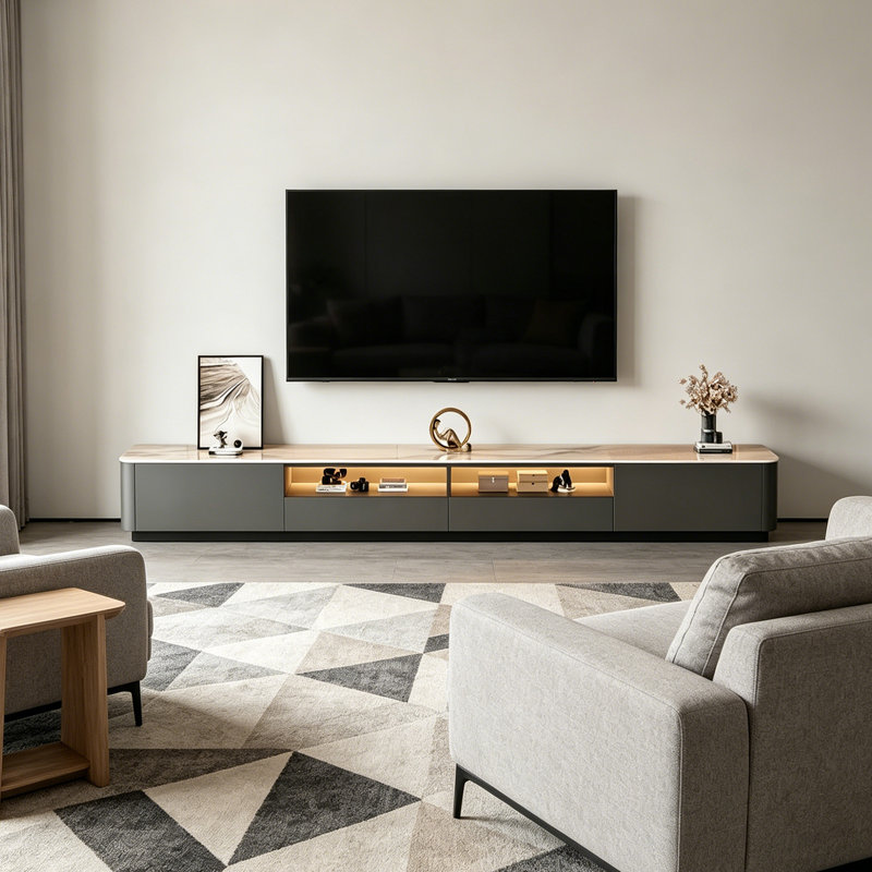 Meuble télé Minimalist, H 13,38 po x L 86,61 po x l 11,81 po, Gris / noir / blanc