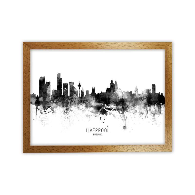 Liverpool England Skyline Black White City Name by Michael Tompsett - Print, 46cm H x 63cm W x 3cm D, Brown Framed