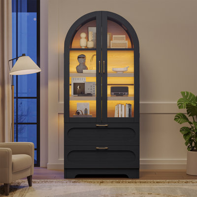 71" High Arched Cabinet With LED Lighting,  Storage Wooden Pantry With 4 Shelves & 2 Drawers, With Glass Doors