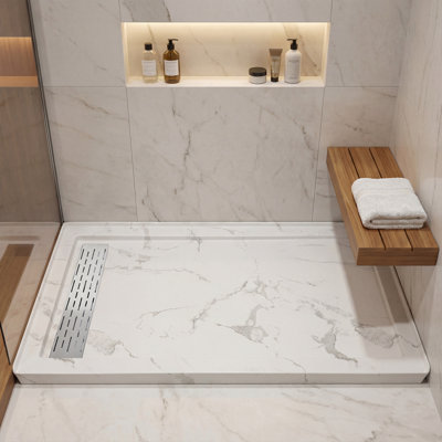 Base de bac de douche rectangulaire l 60 po x P 32 po avec couvercle de drain en acier inoxydable, acrylique aspect marbre