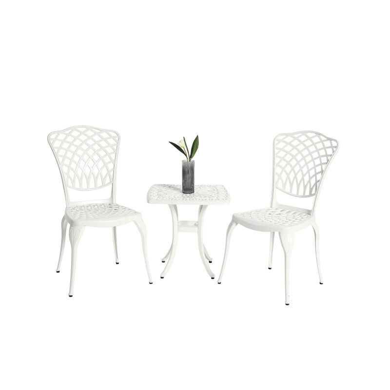 Mobilier de patio 3 pièces - fonte d'aluminium, 2 chaises antirouille et 1 table ronde blanche pour le balcon, conception classique dans la cour, étapes d'assemblage pratiques dans le jardin extérieur, balcon simple requis