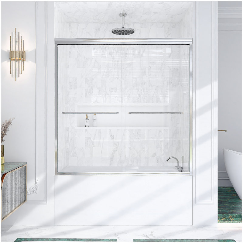 56"-60"W*60" H Semi-Frameless Double Sliding Shower Door, Bypass Shower Door, 1/4" (6mm) Thick SGCC Tempered Glass Door,Chrome