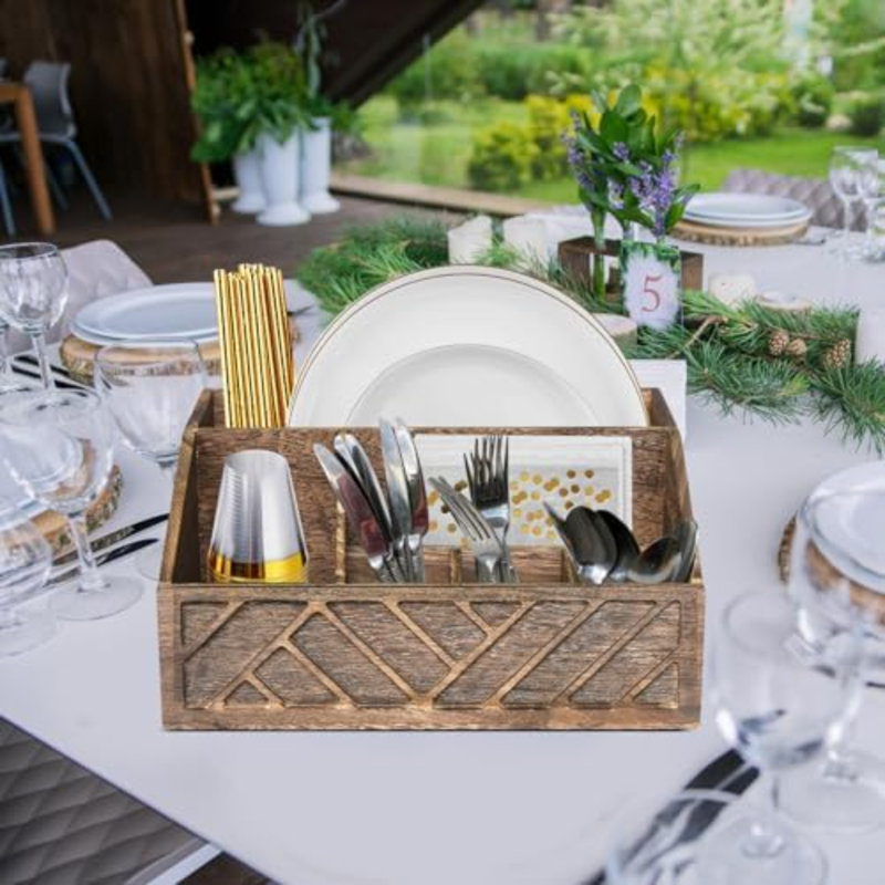 Distributeur d'assiettes en papier, porte-assiettes en papier pour comptoir de cuisine, porte-ustensiles en bois argenté rustique, boîte à couverts pour couverts