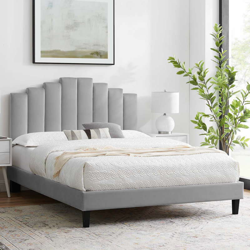 Elise Performance Velvet Platform Bed, King, Light Grey Velvet