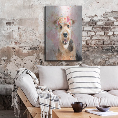 Art mural en métal Red Barrel Studio® «Flower Crown Airedale Terrier» par Furbaby Affiliates