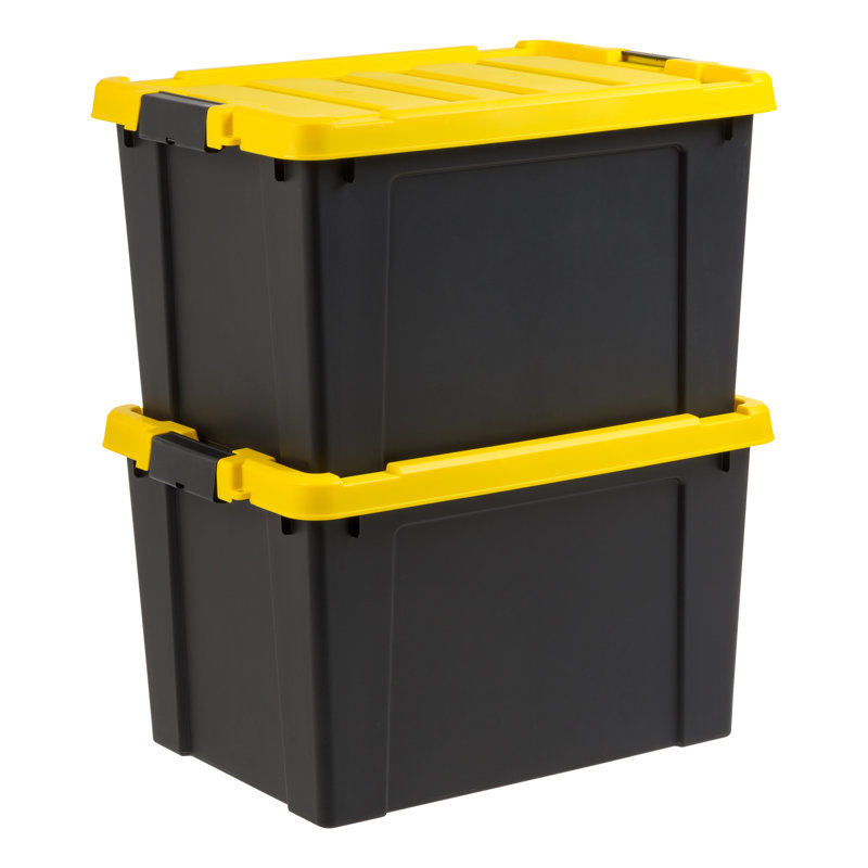 Heavy Duty Black and Yellow Stackable Storage Totes with Lids