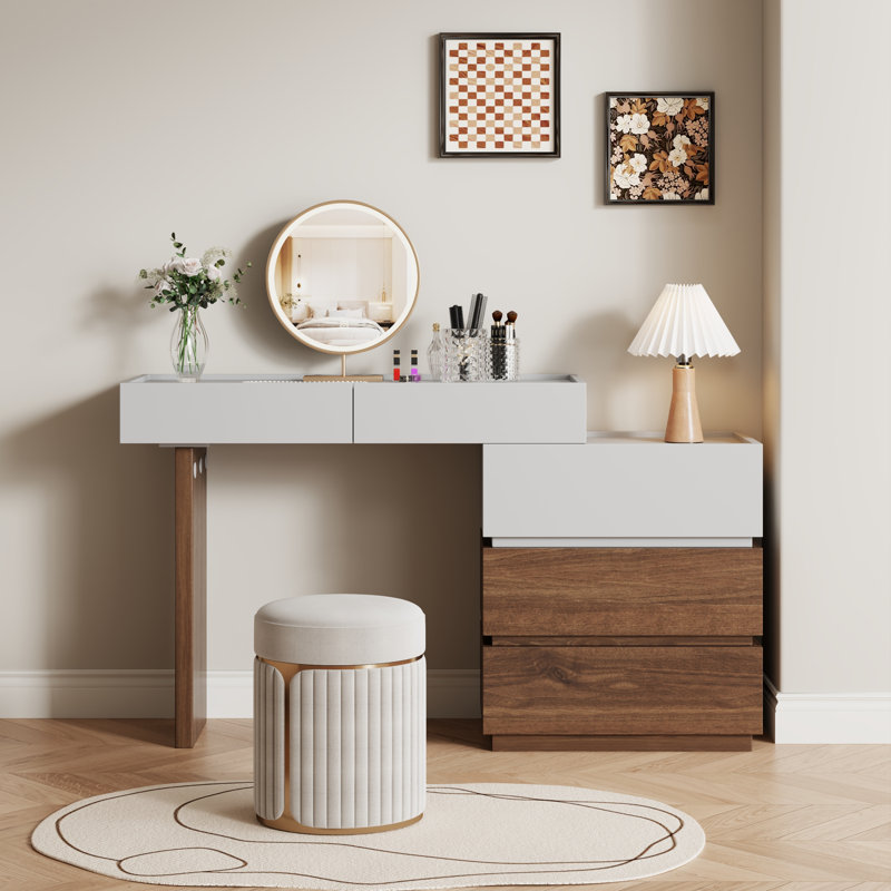 39" Mid Century Makeup Vanities With 5 Drawers, Gray & Brown Solid Wood for Bathroom, Not Assembled Need