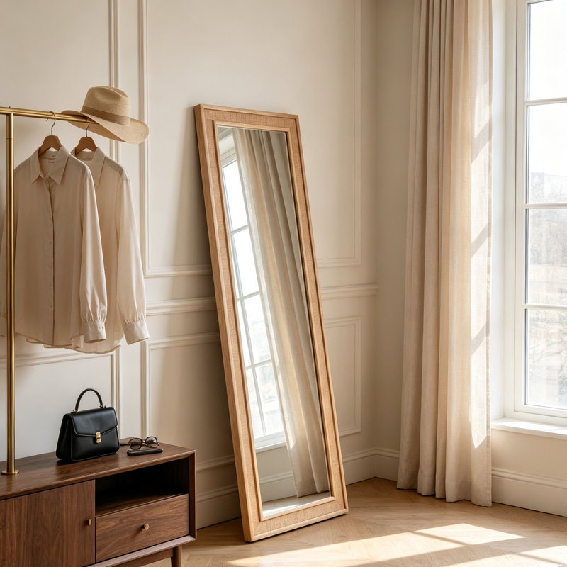 Rectangular Rattan Full‑Length Mirror, 63" H x 20" W