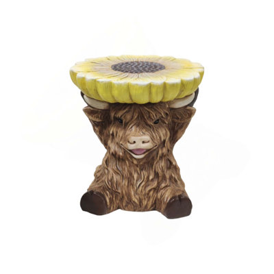 Indoor & Outdoor Creative Cute Highland Cow Stool with Yellow Sunflower Top for Patio, Garden, Living Room Home Decor