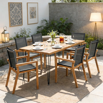 Ensemble de salle à manger 7 pièces en bois d'acacia avec 6 chaises et 1 grande table, design moderne pour patio et jardin