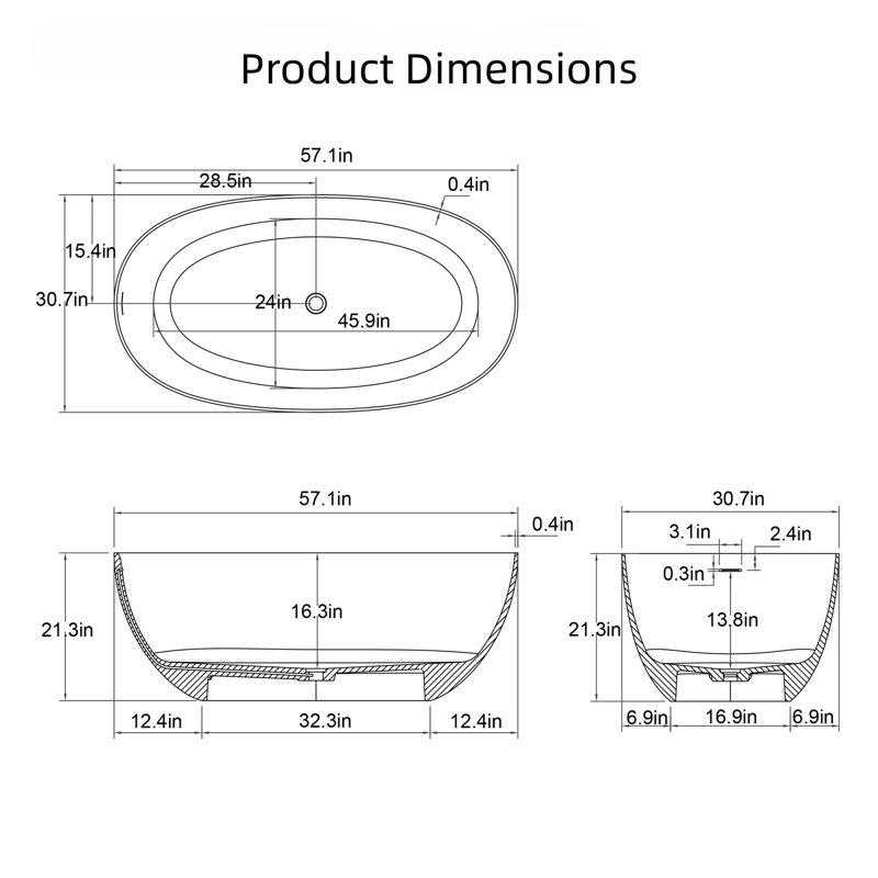 57" Freestanding Soaking Bathtub, Stone Resin Solid Surface, Pop-Up Drain, Overflow