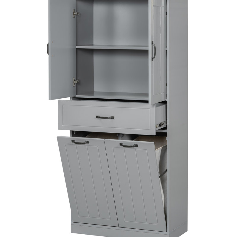 Armoire de salle de bain grise avec 2 sacs à linge, et tablette réglable, basculante, portes et tiroir à usage domestique