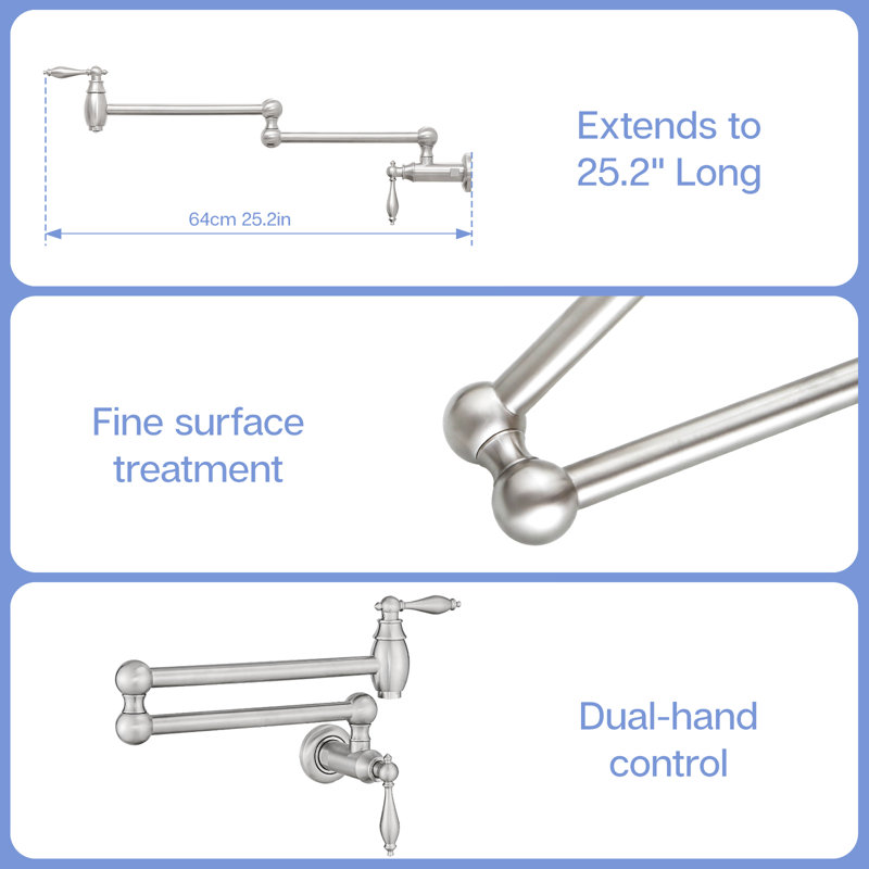 Commercial Wall Mount Kitchen Pot Filler, Brushed Nickel, Brass Material, Stretchable Double Joint Arms, Style A, Classic Design, Leak - Proof, Smooth Operation, 360 Spout Movement Mounted Faucet