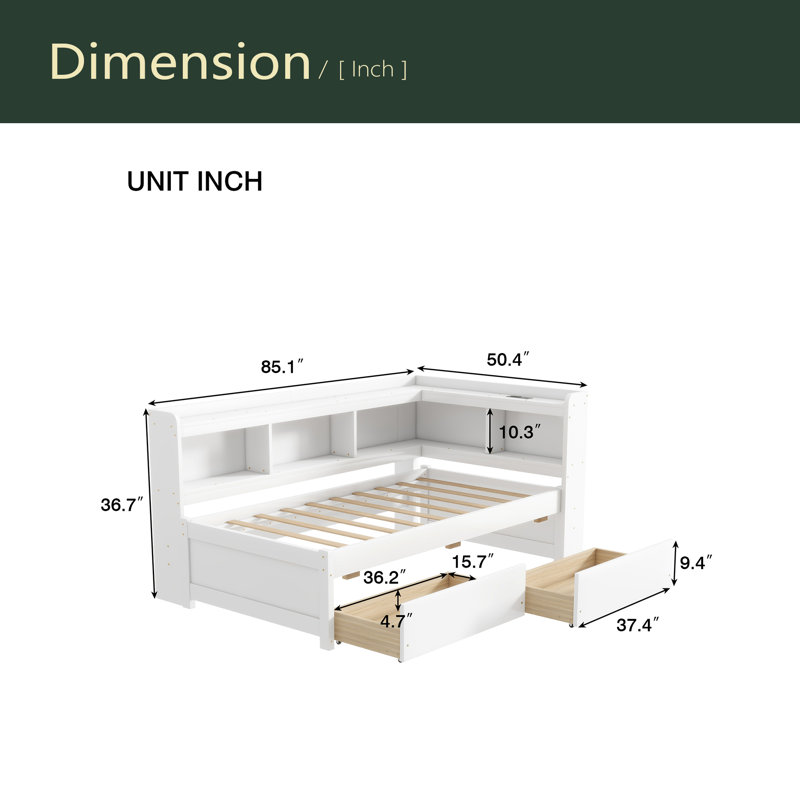 Lit simple en forme de L avec bibliothèques avec prises de courant, ports de chargement USB, deux tiroirs