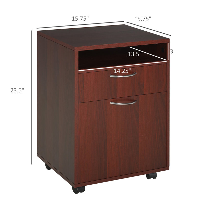 Meuble de rangement mobile avec tiroir et porte, support d'imprimante en panneaux de particules bruns sur roulettes