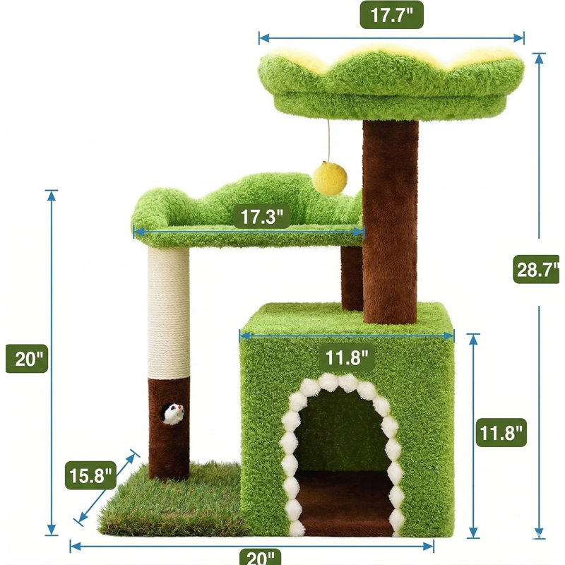 Arbre à chat 29 po avec chat pour chat d'intérieur, tour à chat multi-niveaux 3-en-1, poteau à griffer en sisal, perchoir supérieur, pour petits chats et chatons