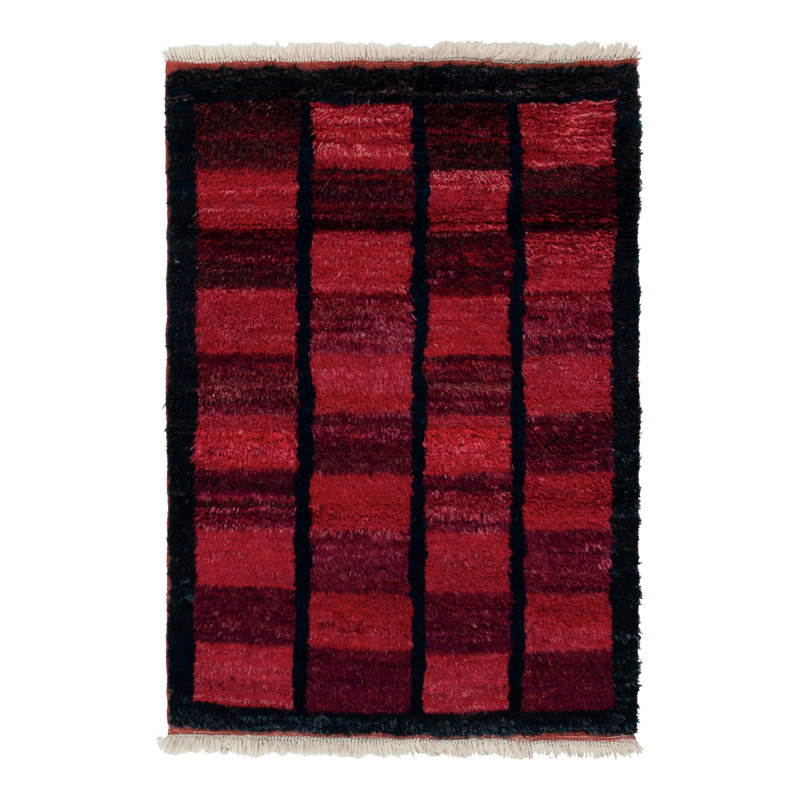 1950s Vintage Tulu Rug in Red/Black Geometric Pattern, Shag Pile