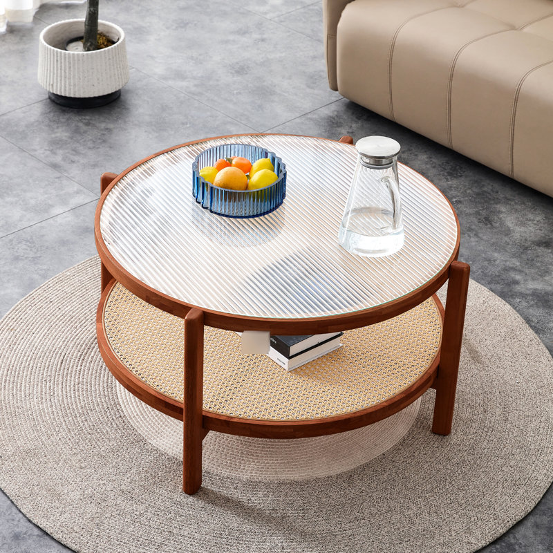 Table basse ronde moderne avec base en bois massif, plateau en verre artisanal et table à deux étages Pe