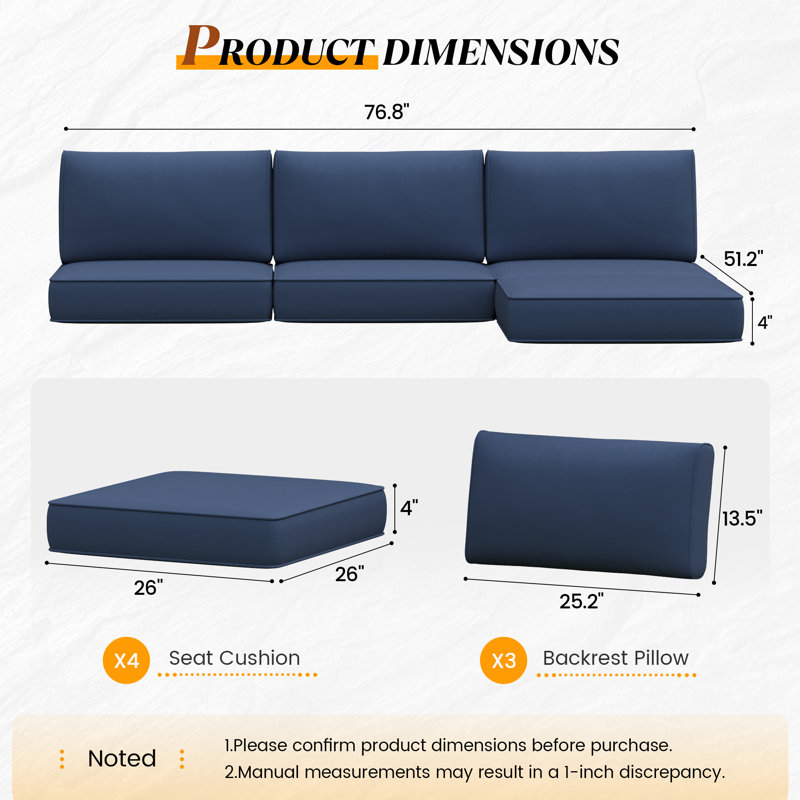 7-Piece Navy Blue Outdoor Replacement Cushion Set,3.5-4" Thick Foam Sectional Seat Cushions With Water-Resistant Durable Fabric For Patio Furniture