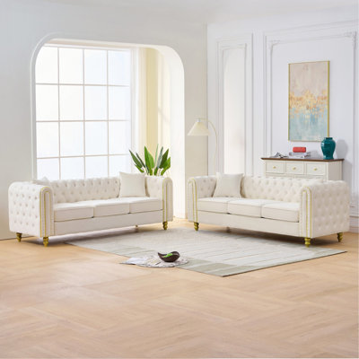3 Seater +3 Seater Modern Loveseat Sofa,3+3 Seater Couch Comfy Velvet Sofa Button Tufted Rolled Arms and Gold Legs,Chesterfield for Primary Living Space,Beige