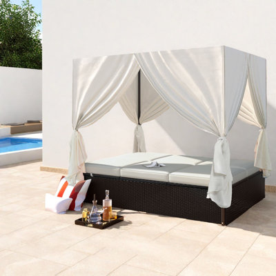 Spacious Patio Chaise Lounges, Steel Rattan Daybed With Curtains, Poolside
