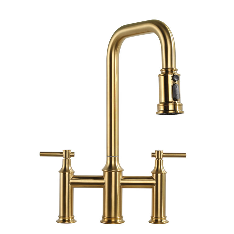 Bridge-Style Kitchen Faucet With Dual Handles And A Pull-Down Spray Head, Designed For Installation On A 3-Hole Kitchen Sink