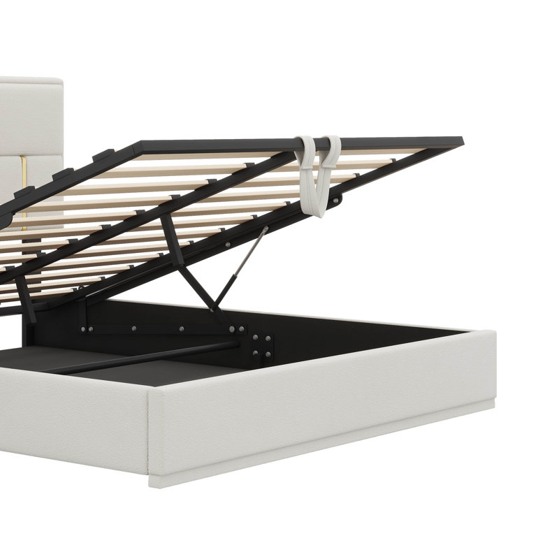Grand lit plateforme tapissier sophistiqué avec rangement à levage hydraulique, Beige