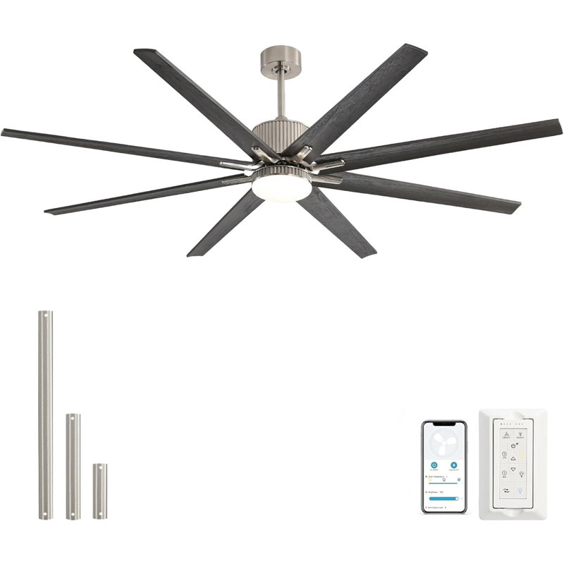 Ventilateur de plafond moderne 52 pouces avec lumière à DEL à intensité variable et 5 pales en bois massif avec télécommande et moteur à courant continu réversible