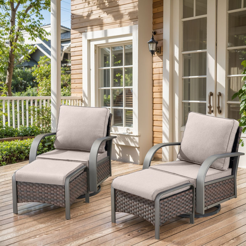 Wyland Outdoor Wicker Swivel Glider Chairs & Ottomans Set With Weather-Resistant Cusions For Patios & Gardens, Beige