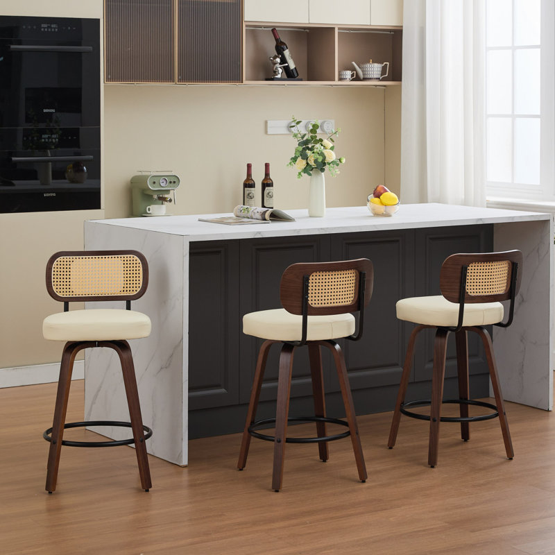 (Set Of 3)26" W Swivel Sturdy Wood Frame With Thick Upholstered And Pu Leather Bar Stools, With Rattan Lowback And Footstool Barstools
