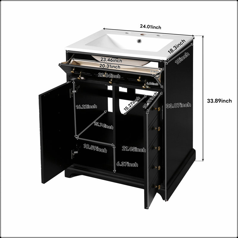 Meuble-lavabo 24 po avec tiroir et portes à fermeture douce, meuble de rangement moderne avec lavabo en céramique pour petits espaces