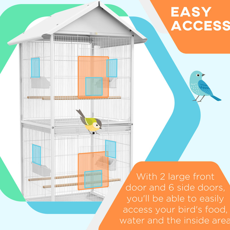 Cage à oiseaux en métal, H 67 po, blanc avec support à roulettes - spacieuse pour les pinsons et autres petits oiseaux