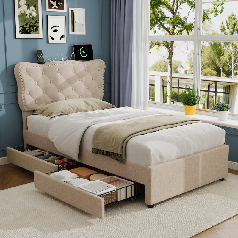 Upholstered Storage Bed, Beige