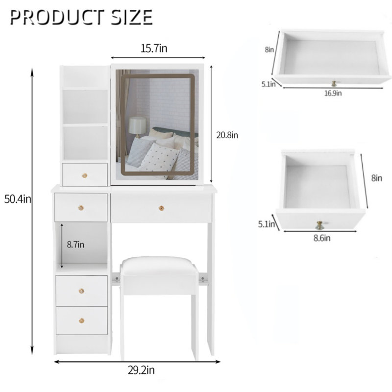  Miroir coulissant surdimensionné à droite, rangement de grande capacité avec rangement à gauche 29,2 pouces, Blanc