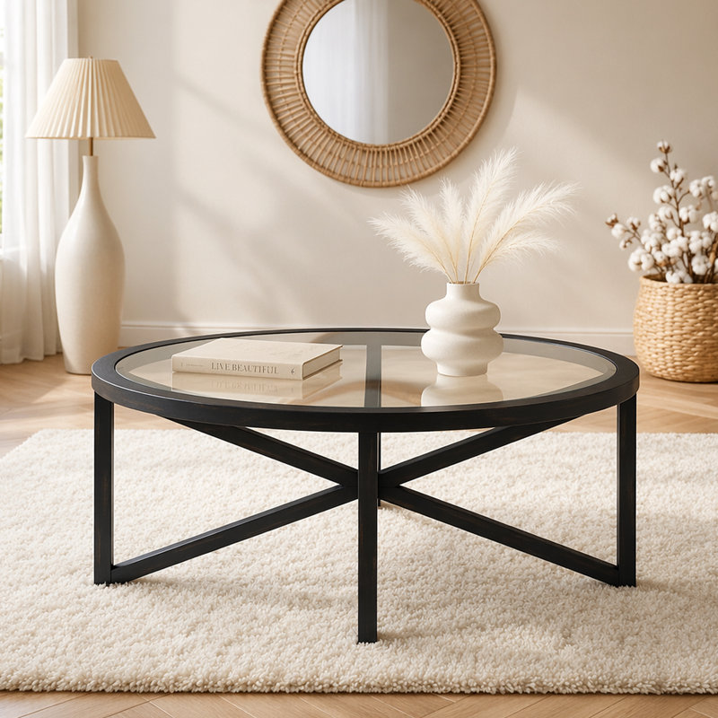 Table basse moderne simple en verre avec plateau en verre trempé et base en bois massif pour le salon et la terrasse