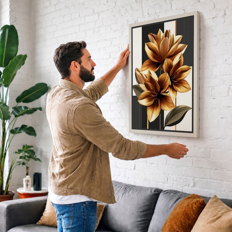 Golden Lotus Blooms Botanical - Wrapped Canvas, 30x20 - 76.2 x 50.8 cm, Cream Border