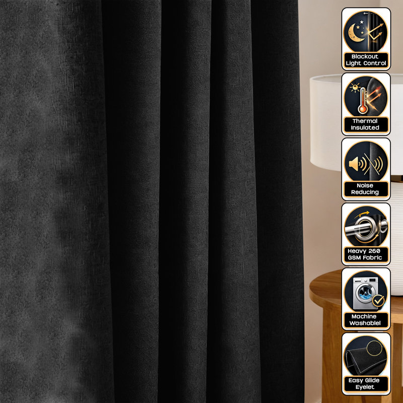 260 GSM Thermal Blackout Eyelet Curtains, Single Panel 167cm Width x 213cm Drop, Black