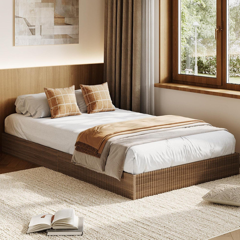 Wood Platform Bed Frame with Fluted Design, Low Profile Minimalist Bed Base, Noise‑Free & No Box Spring, Twin, Brown