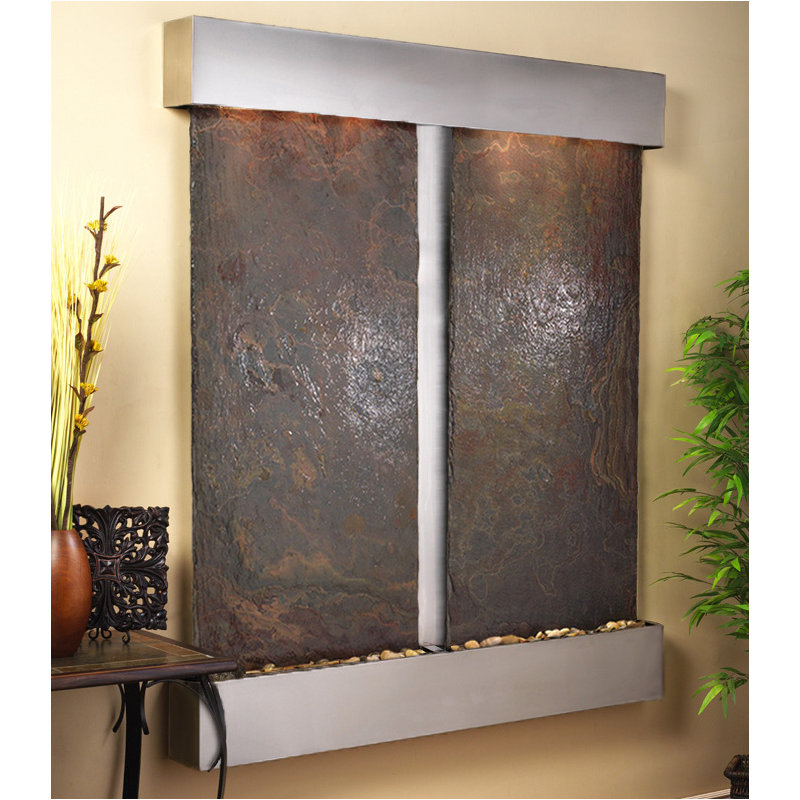 Cottonwood Falls Fountain with Light, Stainless Steel, Green Slate, Square