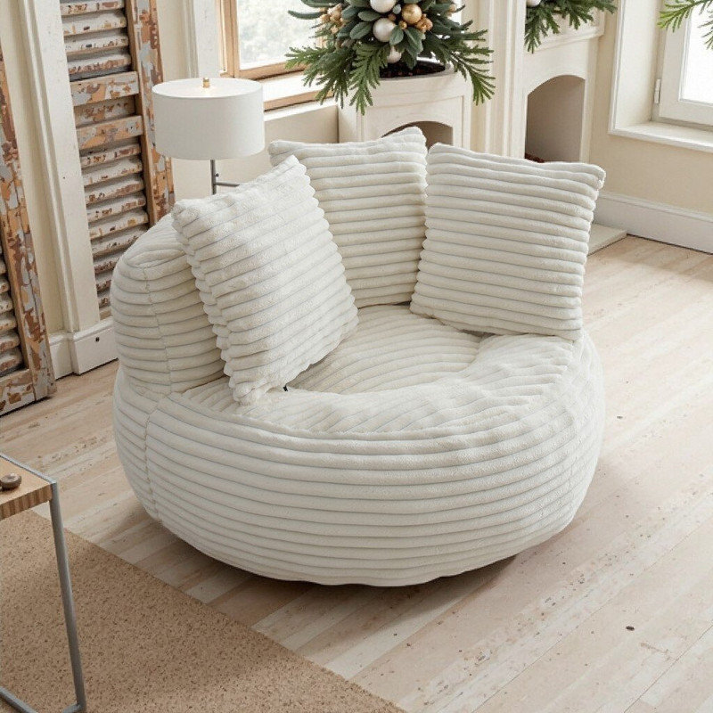 Très grand fauteuil à billes en velours côtelé avec repose-pieds, canapé-lit ergonomique en mousse à haut dossier, Beige