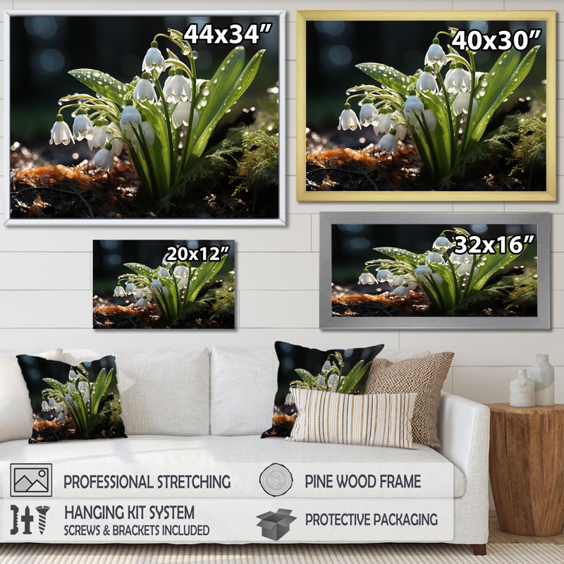 Blanc blanc vert Snowdrops Field II - impression, Cadre simple argenté, H 16 po x l 32 po x P 1 po