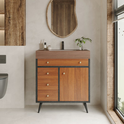 Meuble-lavabo de style Mid-Century de 29,9 pouces avec lavabo en céramique, plateau en pierre frittée, bois multi-couches, pieds décoratifs noirs avec finition solide