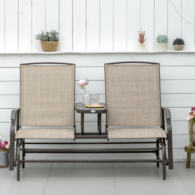 Balancelle de jardin avec table centrale - Structure en métal marron. Confort optimal grâce à ses doubles mouvements, chaises respirantes et aérées, construction robuste. Mobilier de jardin avec balançoire en tissu brun et structure en acier pour des moments de détente sur votre terrasse.