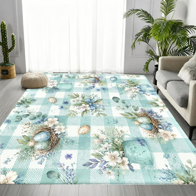 Tapis pastel floral nid d'œuf, motif écossais Buffalo bleu blanc, tapis antidérapant lavable à la machine, décoration intérieure artistique pour le salon, la chambre à coucher, le vestibule, la cuisine