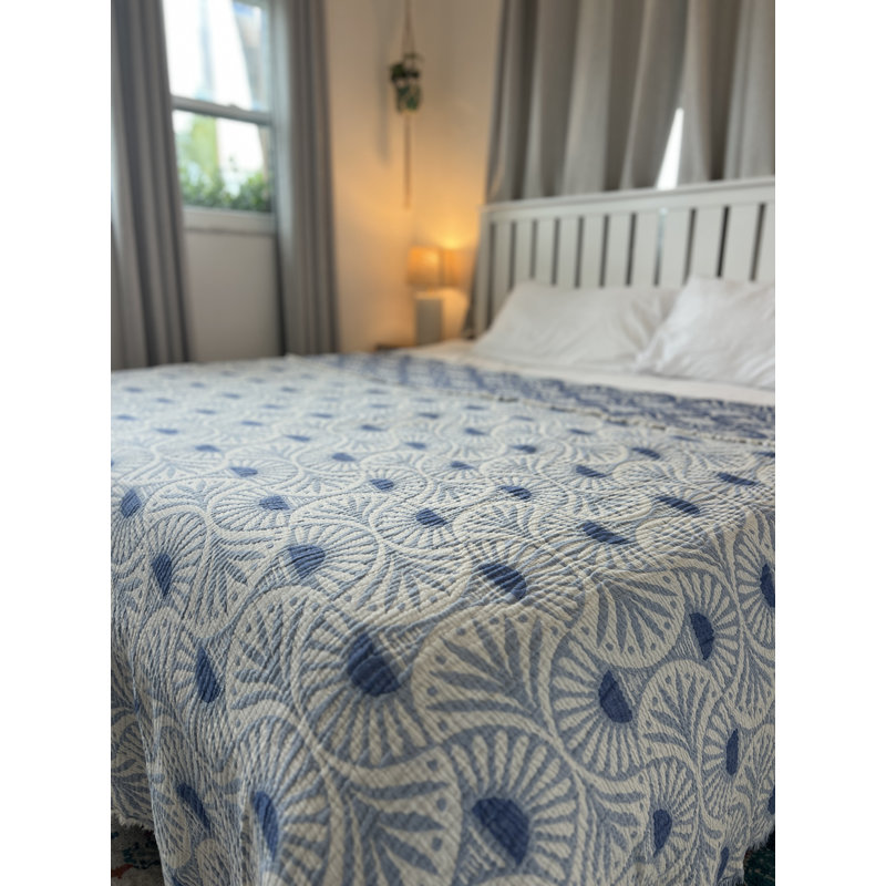 Gingko Muslin Bed Blanket, Blue