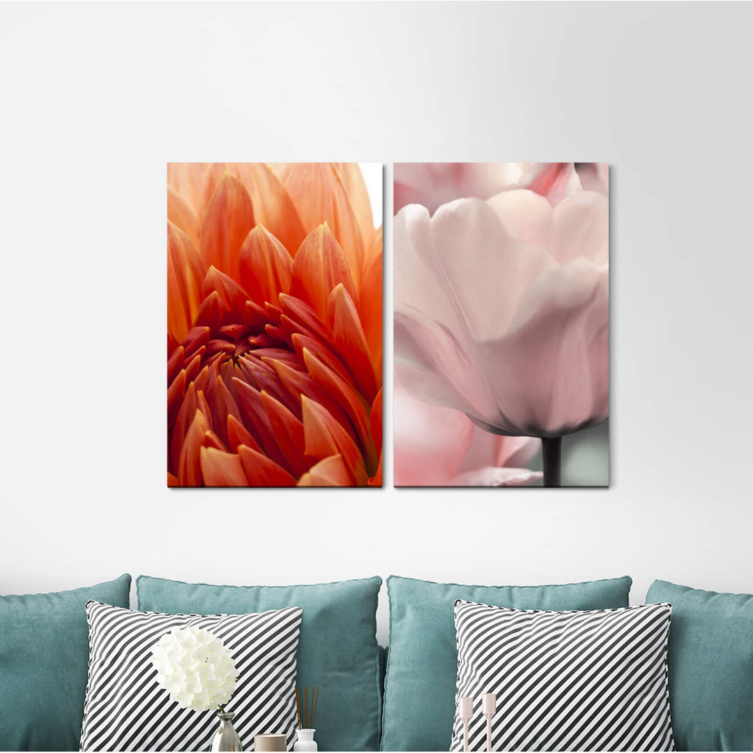 2-tlg. Leinwandbilder-Set - Fotografie „Dahlia Red Blossom White Tulip Flowers Summer Juice”