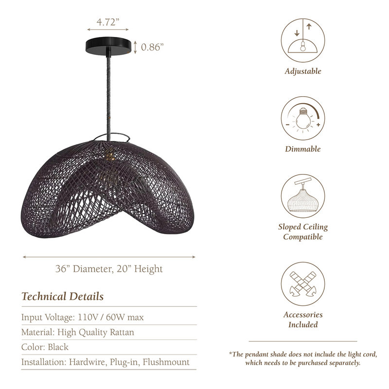 Luminaire suspendu en rotin Lucian, 36", Corde naturelle de 120 po