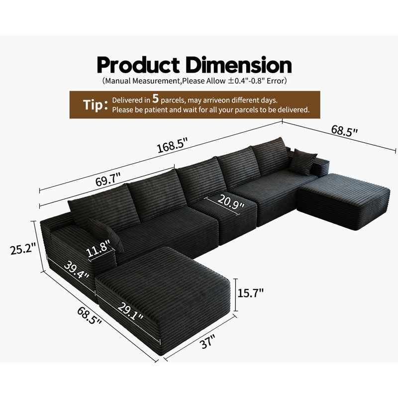 168.5" Modular Sectional Sofa, Oversized U-Shaped Minimalist Couches with 1 Middle Seat and 2 Ottomans Chaise, Modern Deep Seat Convertible Sleeper Sofa, Cloud Plush Corduroy Fabric,7 Seater